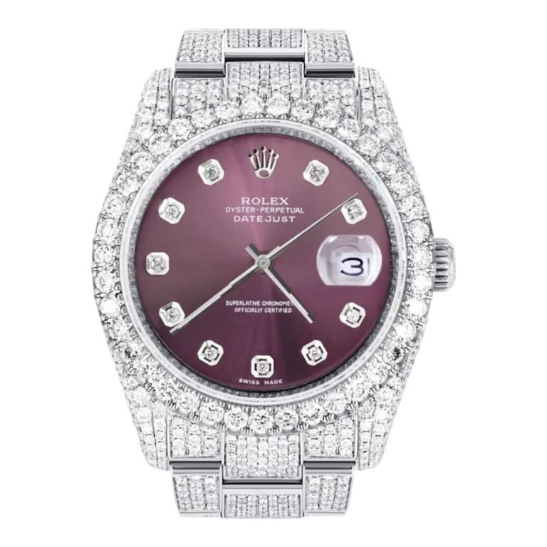 Iced Out Rolex Datejust 36 MM Stainless Steel 16.5 Carats of Diamonds Purple Diamond Dial Oyster Band Replica