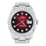 Iced Out Rolex Datejust 36 MM Stainless Steel 16.5 Carats of Diamonds Red Black Diamond Dial Oyster Band Replica