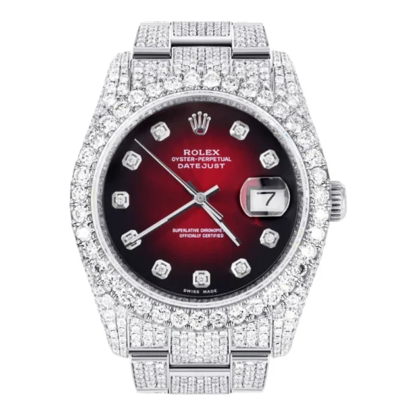 Iced Out Rolex Datejust 36 MM Stainless Steel 16.5 Carats of Diamonds Red Black Diamond Dial Oyster Band Replica