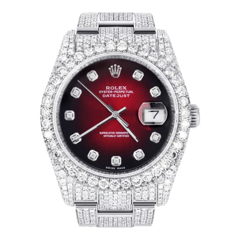 Iced Out Rolex Datejust 36 MM Stainless Steel 16.5 Carats of Diamonds Red Black Diamond Dial Oyster Band Replica