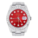 Iced Out Rolex Datejust 36 MM Stainless Steel 16.5 Carats of Diamonds Red Diamond Dial Oyster Band Replica