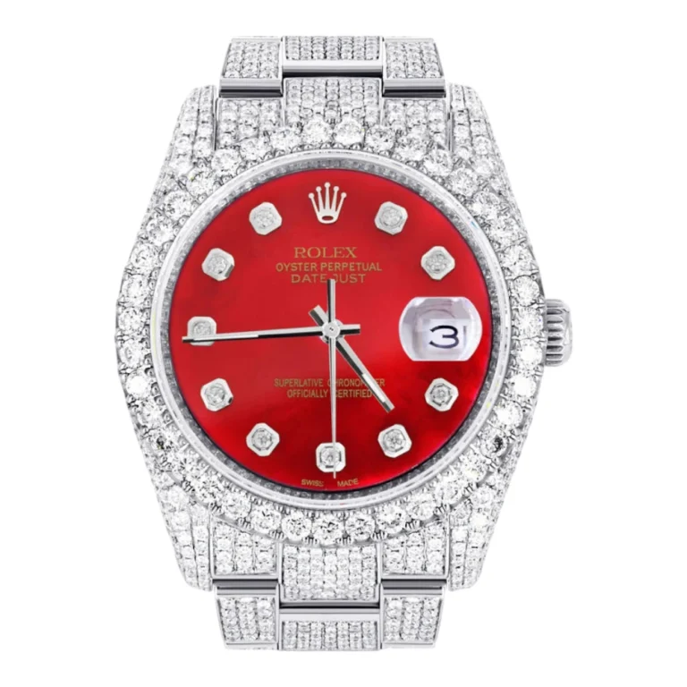 Iced Out Rolex Datejust 36 MM Stainless Steel 16.5 Carats of Diamonds Red Diamond Dial Oyster Band Replica