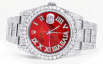 Iced Out Rolex Datejust 36 MM Stainless Steel 16.5 Carats of Diamonds Red Mother of Pearl Roman Diamond Dial Replica