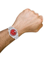 Iced Out Rolex Datejust 36 MM Stainless Steel 16.5 Carats of Diamonds Red Mother of Pearl Roman Diamond Dial Replica