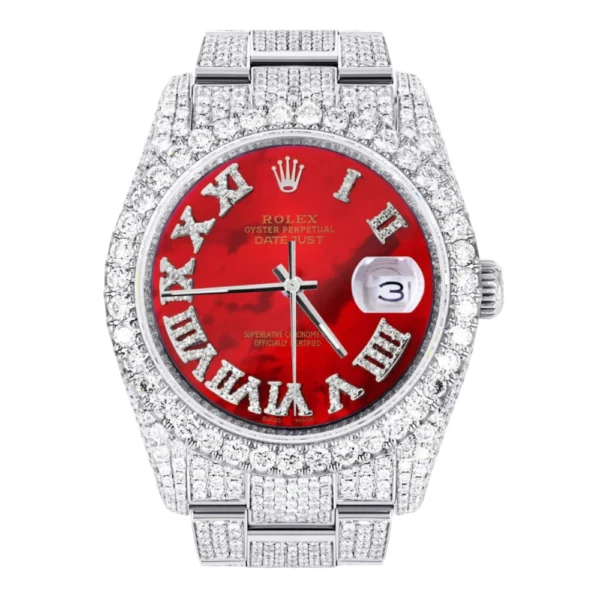 Iced Out Rolex Datejust 36 MM Stainless Steel 16.5 Carats of Diamonds Red Mother of Pearl Roman Diamond Dial Replica