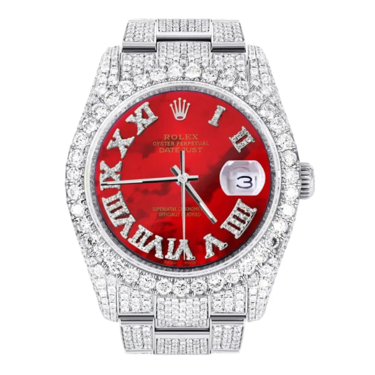 Iced Out Rolex Datejust 36 MM Stainless Steel 16.5 Carats of Diamonds Red Mother of Pearl Roman Diamond Dial Replica