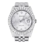Iced Out Rolex Datejust 36 MM Stainless Steel 16.5 Carats of Diamonds Silver Texture Diamond Dial Replica