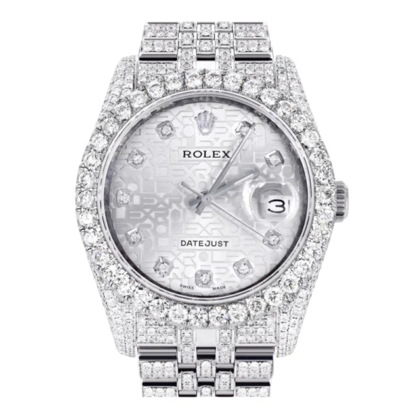 Iced Out Rolex Datejust 36 MM Stainless Steel 16.5 Carats of Diamonds Silver Texture Diamond Dial Replica