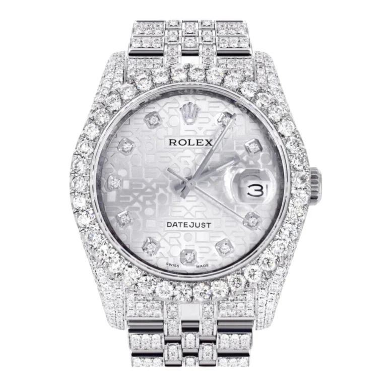 Iced Out Rolex Datejust 36 MM Stainless Steel 16.5 Carats of Diamonds Silver Texture Diamond Dial Replica