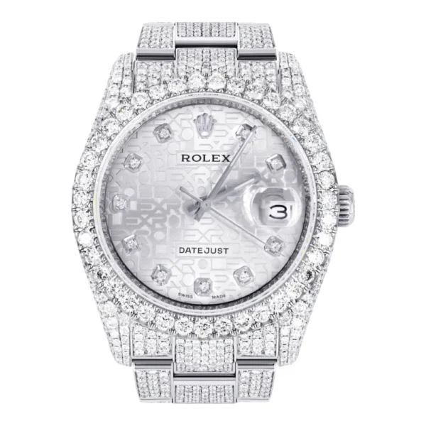 Iced Out Rolex Datejust 36 MM Stainless Steel 16.5 Carats of Diamonds Silver Texture Diamond Dial Oyster Band Replica