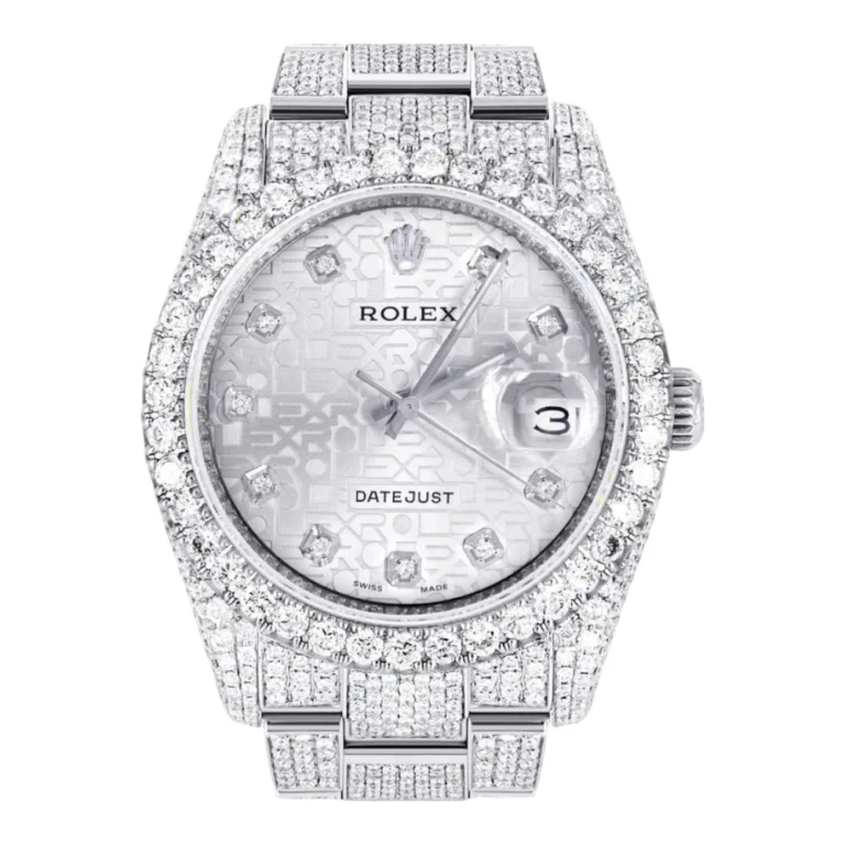 Iced Out Rolex Datejust 36 MM Stainless Steel 16.5 Carats of Diamonds Silver Texture Diamond Dial Oyster Band Replica