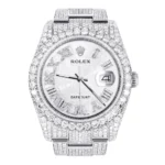 Iced Out Rolex Datejust 36 MM Stainless Steel 16.5 Carats of Diamonds Silver Texture Roman Diamond Dial Oyster Band Replica