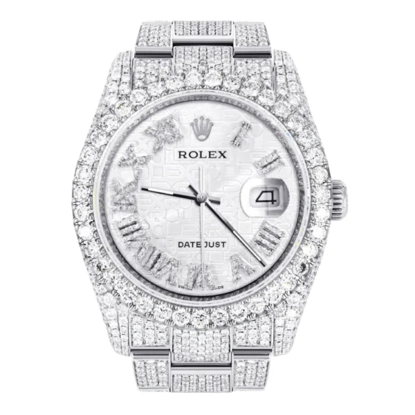 Iced Out Rolex Datejust 36 MM Stainless Steel 16.5 Carats of Diamonds Silver Texture Roman Diamond Dial Oyster Band Replica