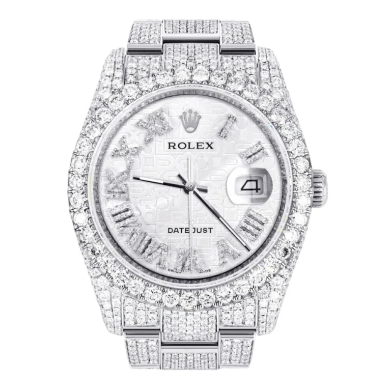 Iced Out Rolex Datejust 36 MM Stainless Steel 16.5 Carats of Diamonds Silver Texture Roman Diamond Dial Oyster Band Replica