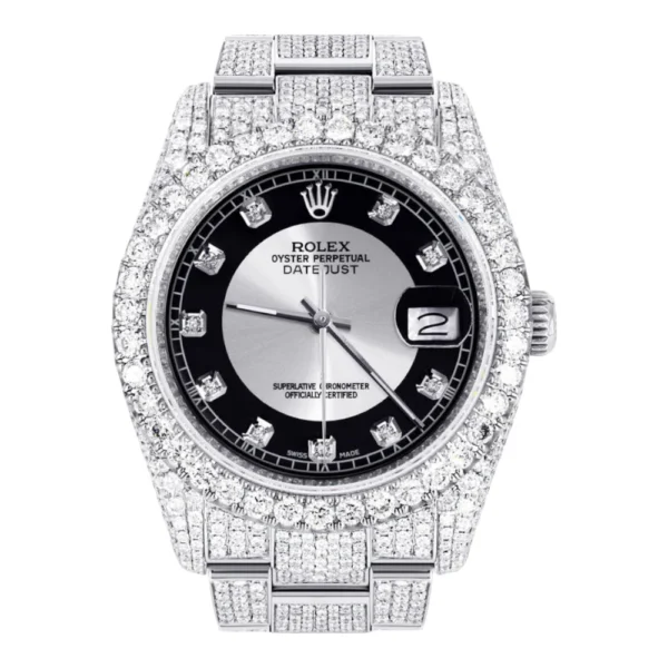Iced Out Rolex Datejust 36 MM Stainless Steel 16.5 Carats of Diamonds Tuxedo Diamond Dial Oyster Band Replica
