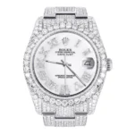 Iced Out Rolex Datejust 36 MM Stainless Steel 16.5 Carats of Diamonds White Roman Diamond Dial Oyster Band Replica