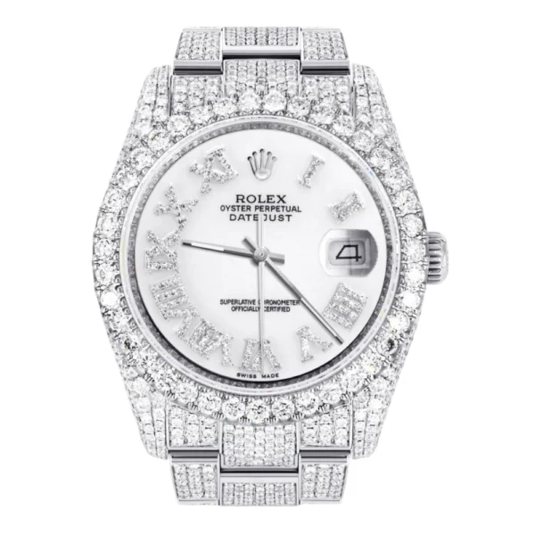 Iced Out Rolex Datejust 36 MM Stainless Steel 16.5 Carats of Diamonds White Roman Diamond Dial Oyster Band Replica