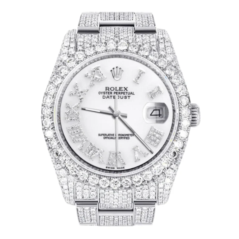 Iced Out Rolex Datejust 36 MM Stainless Steel 16.5 Carats of Diamonds White Roman Diamond Dial Oyster Band Replica