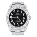 Iced Out Rolex Datejust 36 MM Stainless Steel10 Carats of Diamonds Black Arabic Diamond Dial Oyster Band Replica