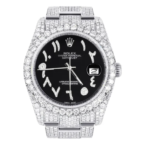 Iced Out Rolex Datejust 36 MM Stainless Steel10 Carats of Diamonds Black Arabic Diamond Dial Oyster Band Replica