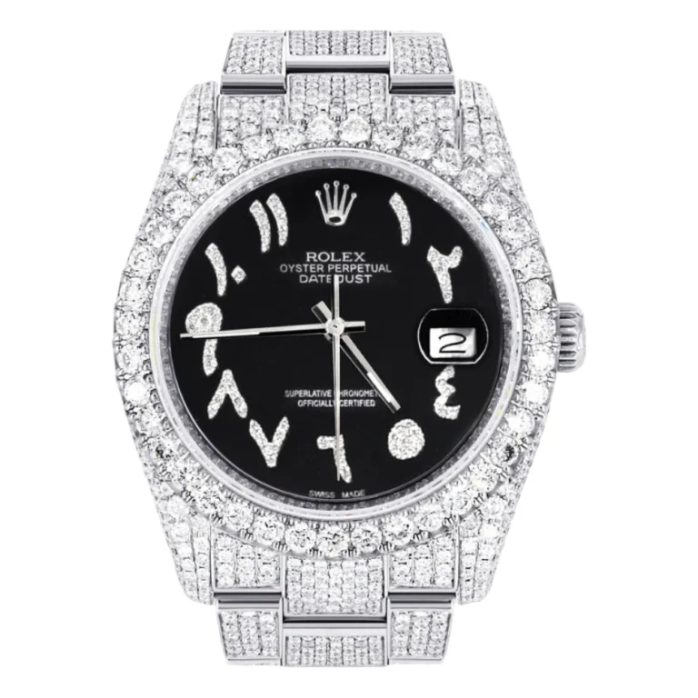 Iced Out Rolex Datejust 36 MM Stainless Steel10 Carats of Diamonds Black Arabic Diamond Dial Oyster Band Replica