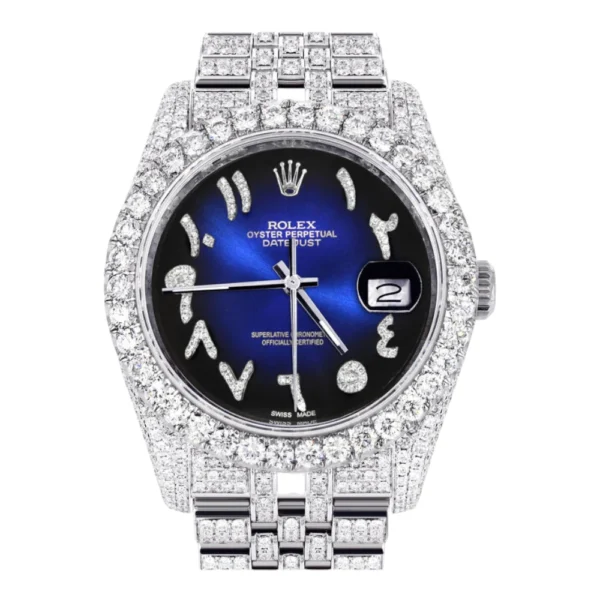 Iced Out Rolex Datejust 36 MM Stainless Steel10 Carats of Diamonds Blue Black Arabic Diamond Dial Jubilee Band Replica
