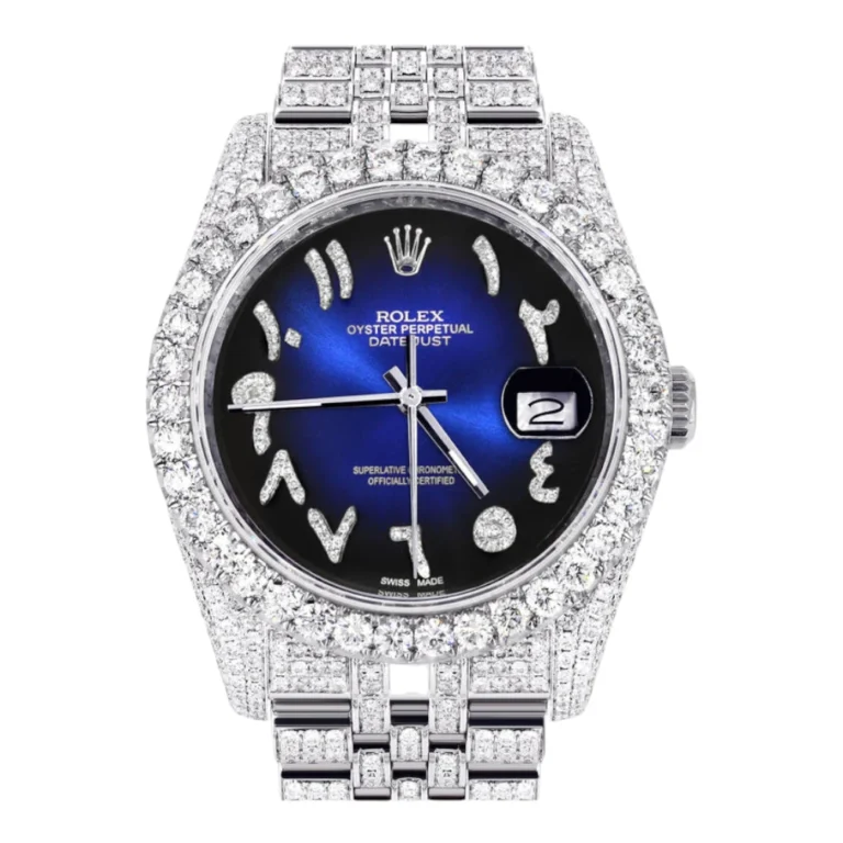Iced Out Rolex Datejust 36 MM Stainless Steel10 Carats of Diamonds Blue Black Arabic Diamond Dial Jubilee Band Replica
