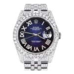 Iced Out Rolex Datejust 36 MM Stainless Steel16.5 Carats of Diamonds Blue Black Roman Diamond Dial Jubilee Band Replica