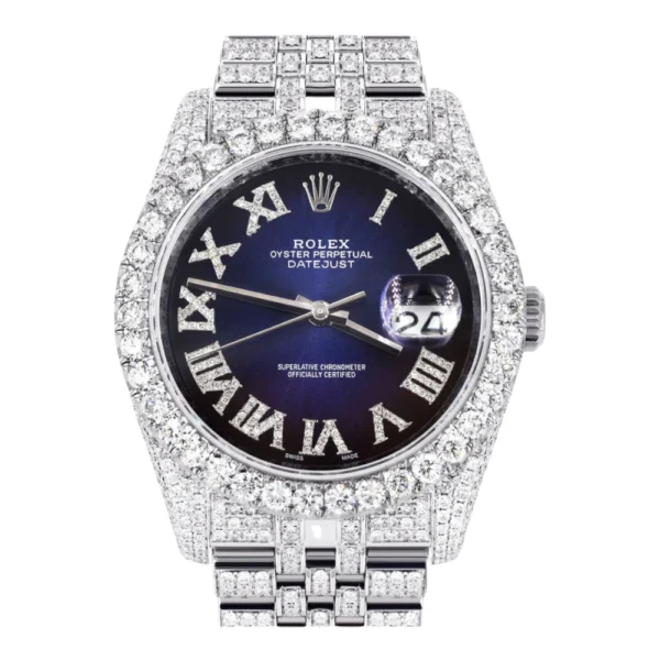 Iced Out Rolex Datejust 36 MM Stainless Steel16.5 Carats of Diamonds Blue Black Roman Diamond Dial Jubilee Band Replica