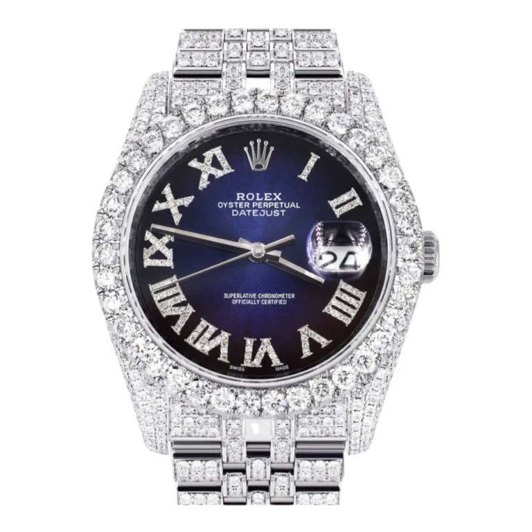 Iced Out Rolex Datejust 36 MM Stainless Steel16.5 Carats of Diamonds Blue Black Roman Diamond Dial Jubilee Band Replica