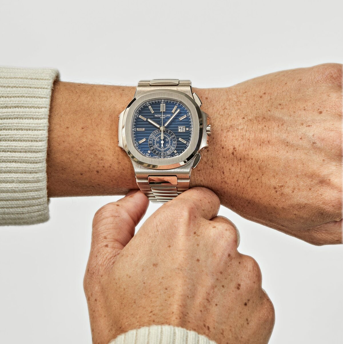 Patek Philippe Nautilus 40th Anniversary Chronograph White Gold Blue Diamond Dial Replica