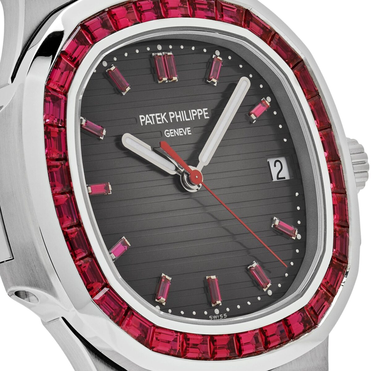 Patek Philippe Nautilus Platinum Grey Dial Ruby Bezel Replica