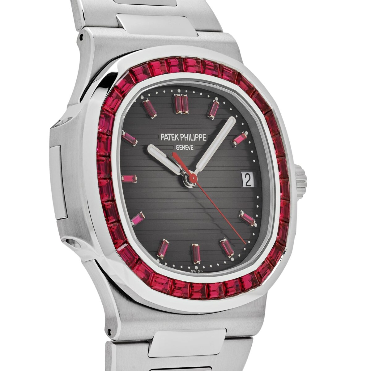 Patek Philippe Nautilus Platinum Grey Dial Ruby Bezel Replica