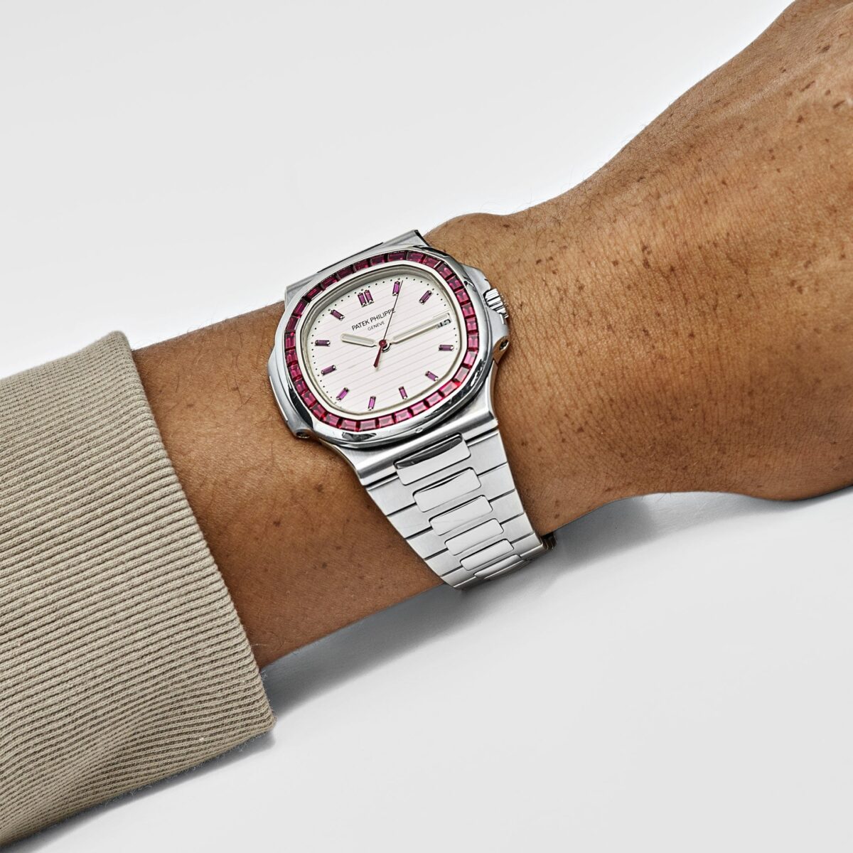 Patek Philippe Nautilus Platinum White Dial Ruby Bezel Replica