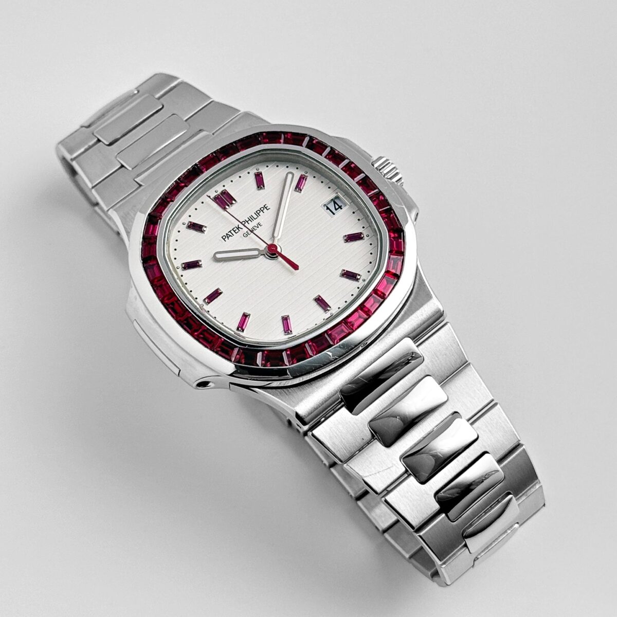 Patek Philippe Nautilus Platinum White Dial Ruby Bezel Replica