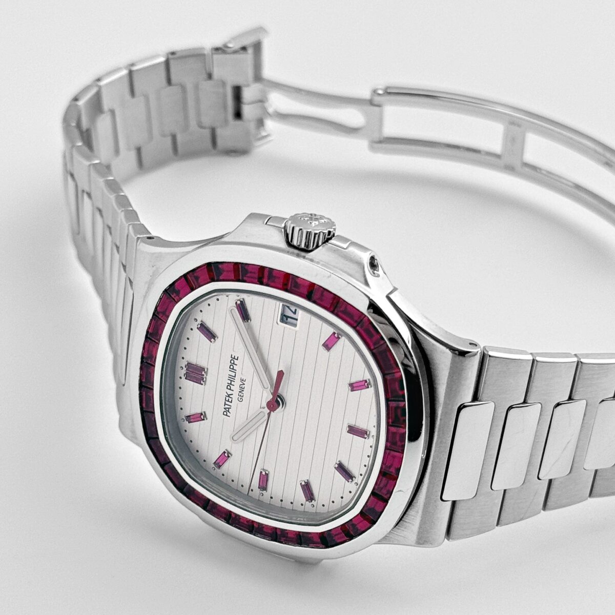 Patek Philippe Nautilus Platinum White Dial Ruby Bezel Replica