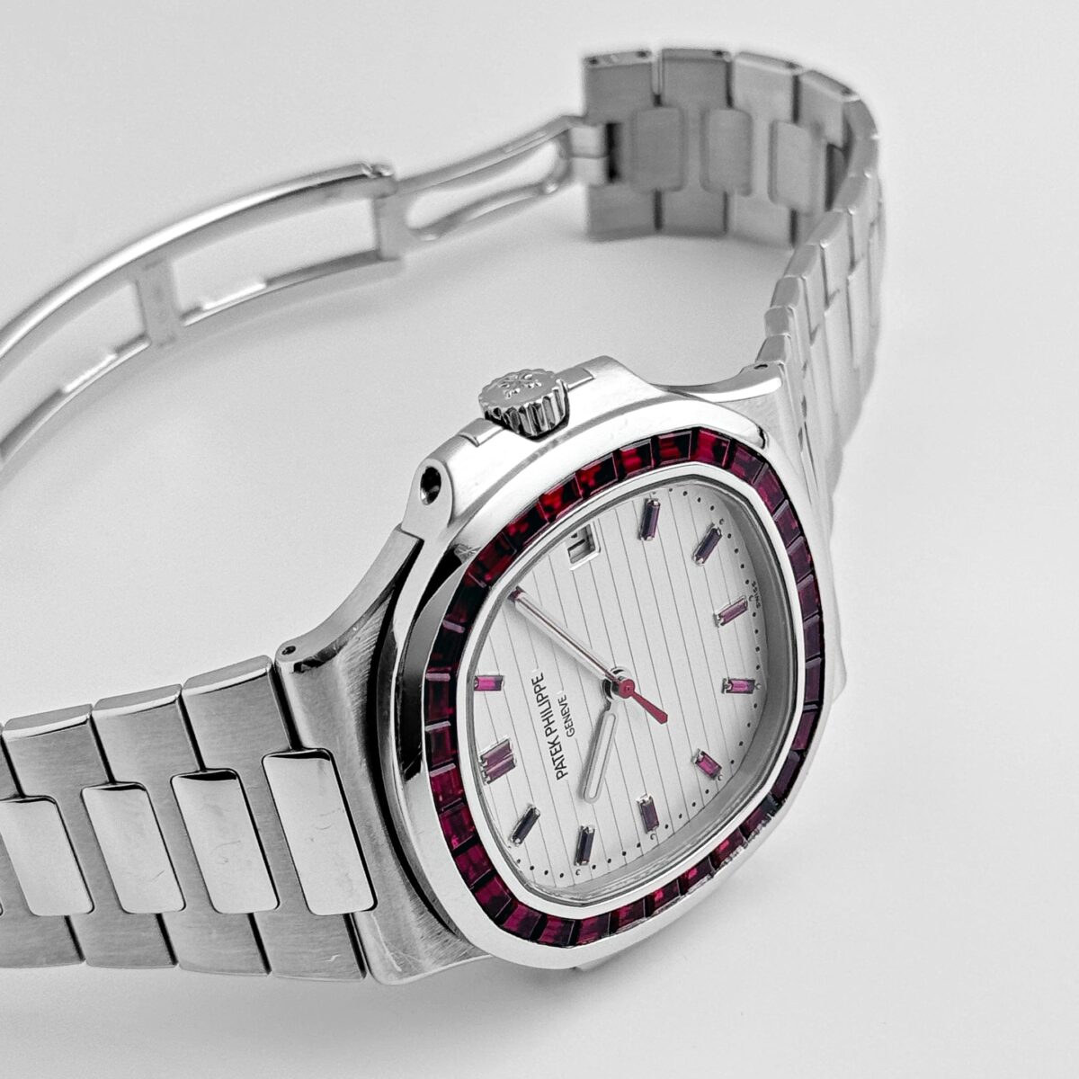Patek Philippe Nautilus Platinum White Dial Ruby Bezel Replica