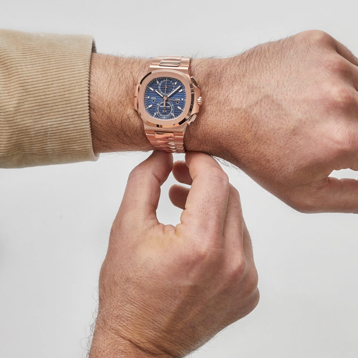 Patek Philippe Nautilus Travel Time Flyback Chronograph Rose Gold Blue Dial Replica