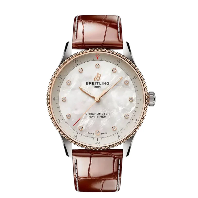 Breitling Navitimer 32mm SS/RG With Brown Leather Watch MOP Diamond Dial Replica