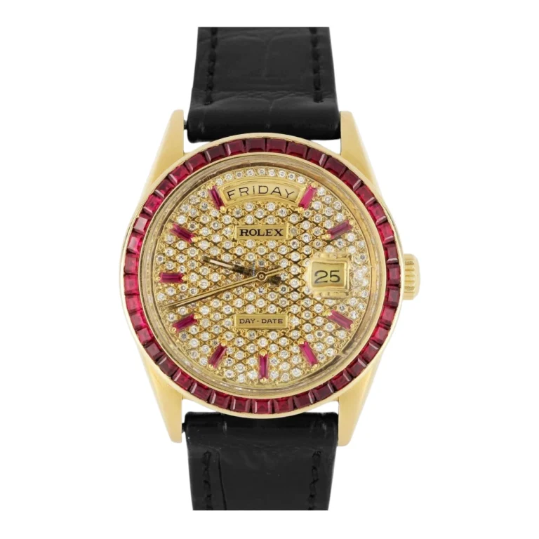 Rolex Day-Date 18k Yellow Gold DIAMOND RUBY 36mm Leather Watch Replica