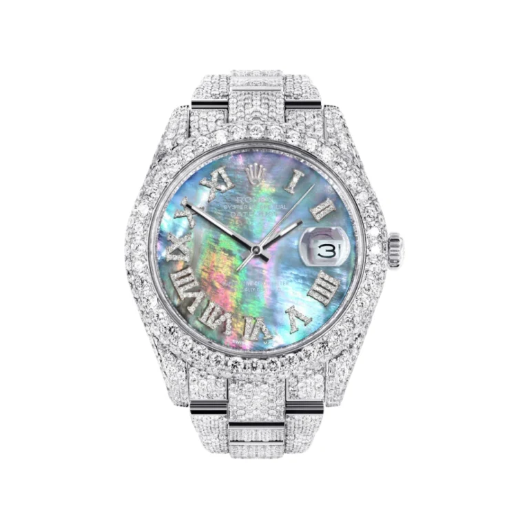 Womens Diamond Iced Out Rolex Datejust 25 Carats Of Diamonds Abalone Mother of Pearl Dial Two Row Oyster Band Replica
