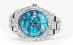 Womens Diamond Iced Out Rolex Datejust 25 Carats Of Diamonds Aquamarine Mother of Pearl Dial Two Row Oyster Band Replica