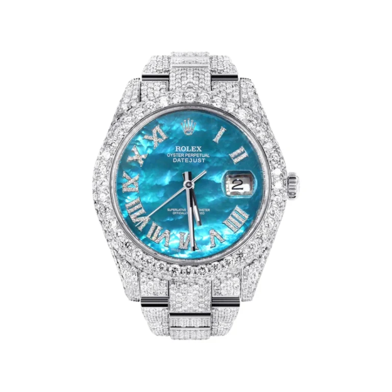Womens Diamond Iced Out Rolex Datejust 25 Carats Of Diamonds Aquamarine Mother of Pearl Dial Two Row Oyster Band Replica