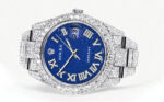 Womens Diamond Iced Out Rolex Datejust 25 Carats Of Diamonds Blue Text Pattern Dial Two Row Oyster Band Replica