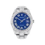 Womens Diamond Iced Out Rolex Datejust 25 Carats Of Diamonds Blue Text Pattern Dial Two Row Oyster Band Replica