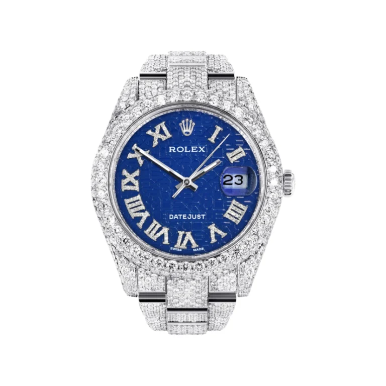 Womens Diamond Iced Out Rolex Datejust 25 Carats Of Diamonds Blue Text Pattern Dial Two Row Oyster Band Replica