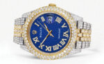 Womens Diamond Iced Out Rolex Datejust 25 Carats Of Diamonds Blue Text Pattern Dial Two Tone Two Replica