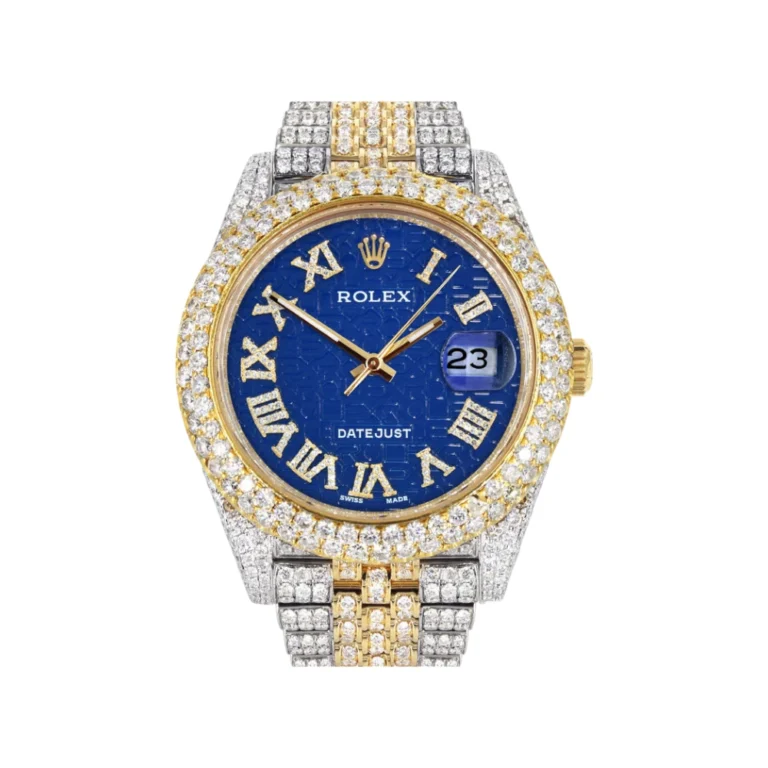 Womens Diamond Iced Out Rolex Datejust 25 Carats Of Diamonds Blue Text Pattern Dial Two Tone Two Replica