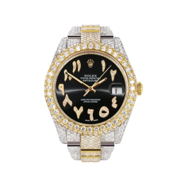 Womens Diamond Iced Out Rolex Datejust 25 Carats Of Diamonds Custom Black Arabic Numeral Diamond Dial Replica
