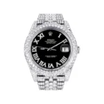 Womens Diamond Iced Out Rolex Datejust 25 Carats Of Diamonds Custom Black Roman Numeral Diamond Dial Two Row Jubilee Band Replica